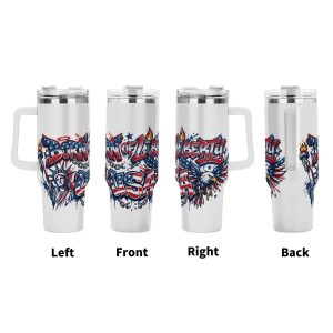 Multi-angle render set (Left / Front / Right / Back): full 360 wrap-around liberty street art print, featuring Statue of Liberty torch, spread-wing bald eagle, broken chains, stars & stripes USA graffiti lettering all around tumbler