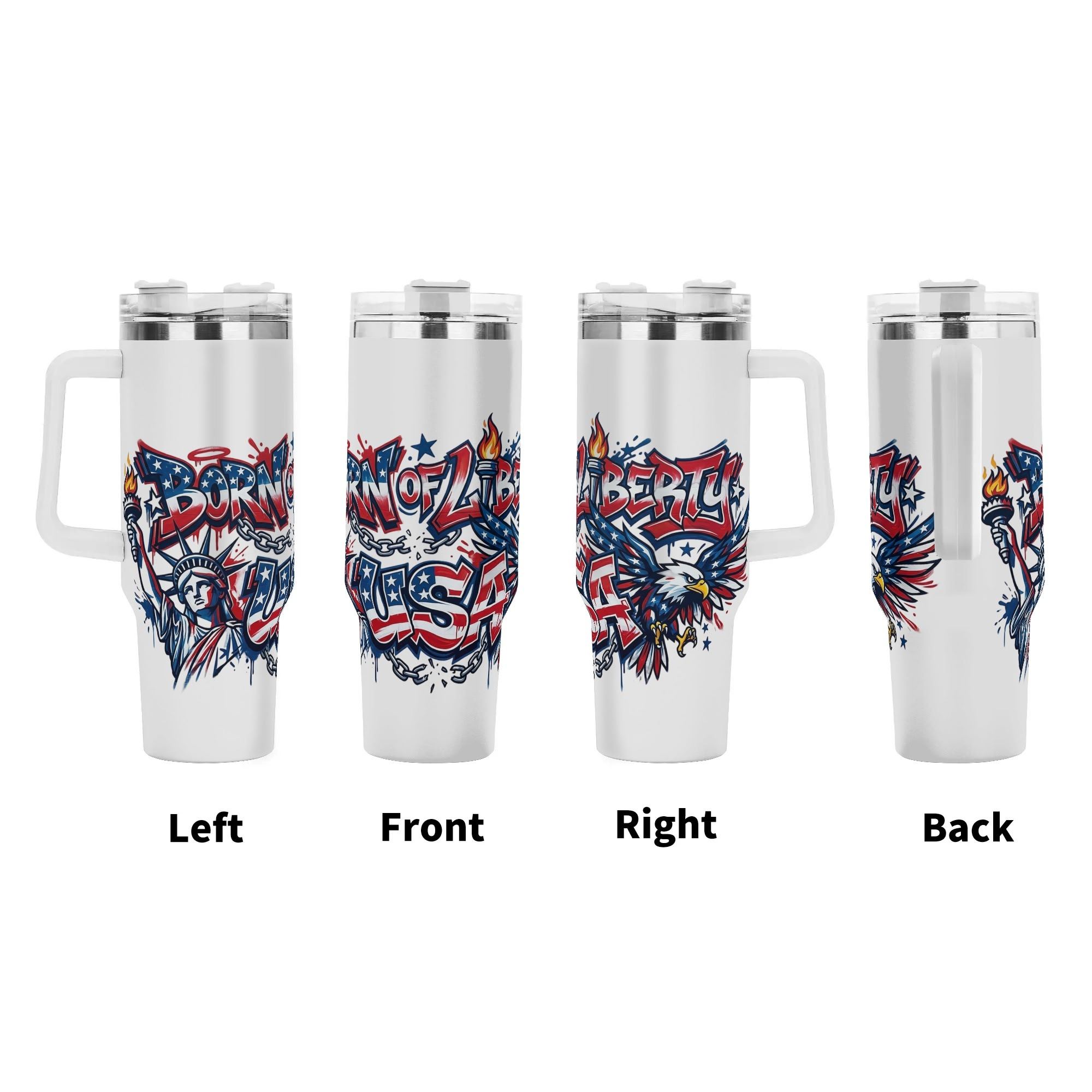 Multi-angle render set (Left / Front / Right / Back): full 360 wrap-around liberty street art print, featuring Statue of Liberty torch, spread-wing bald eagle, broken chains, stars & stripes USA graffiti lettering all around tumbler