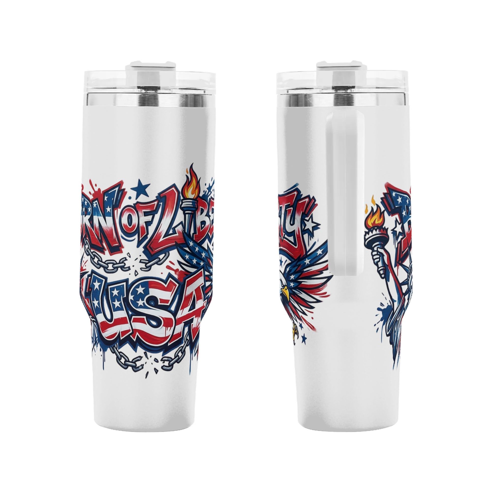 Dual side close-up of complete all-over patriotic graffiti artwork, bold red white blue Born of Liberty design covering the whole stainless steel tumbler body