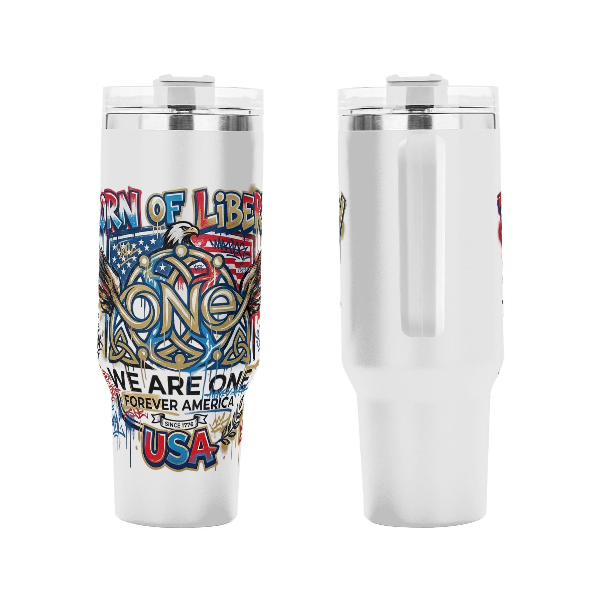 Close-up of Born of Liberty We Are One 1776 bald eagle USA full wrap travel tumbler