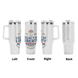 USA 250th semiquincentennial Liberty Bell tumbler four side view left front right back, retro distressed 1776-2026 250 Years patriotic full wrap print large insulated cup with grip handle