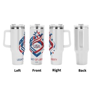 Left front right back full wrap views of modern red white blue eagle ribbon “Legacy of Liberty” patriotic stainless tumbler for America’s 250 anniversary