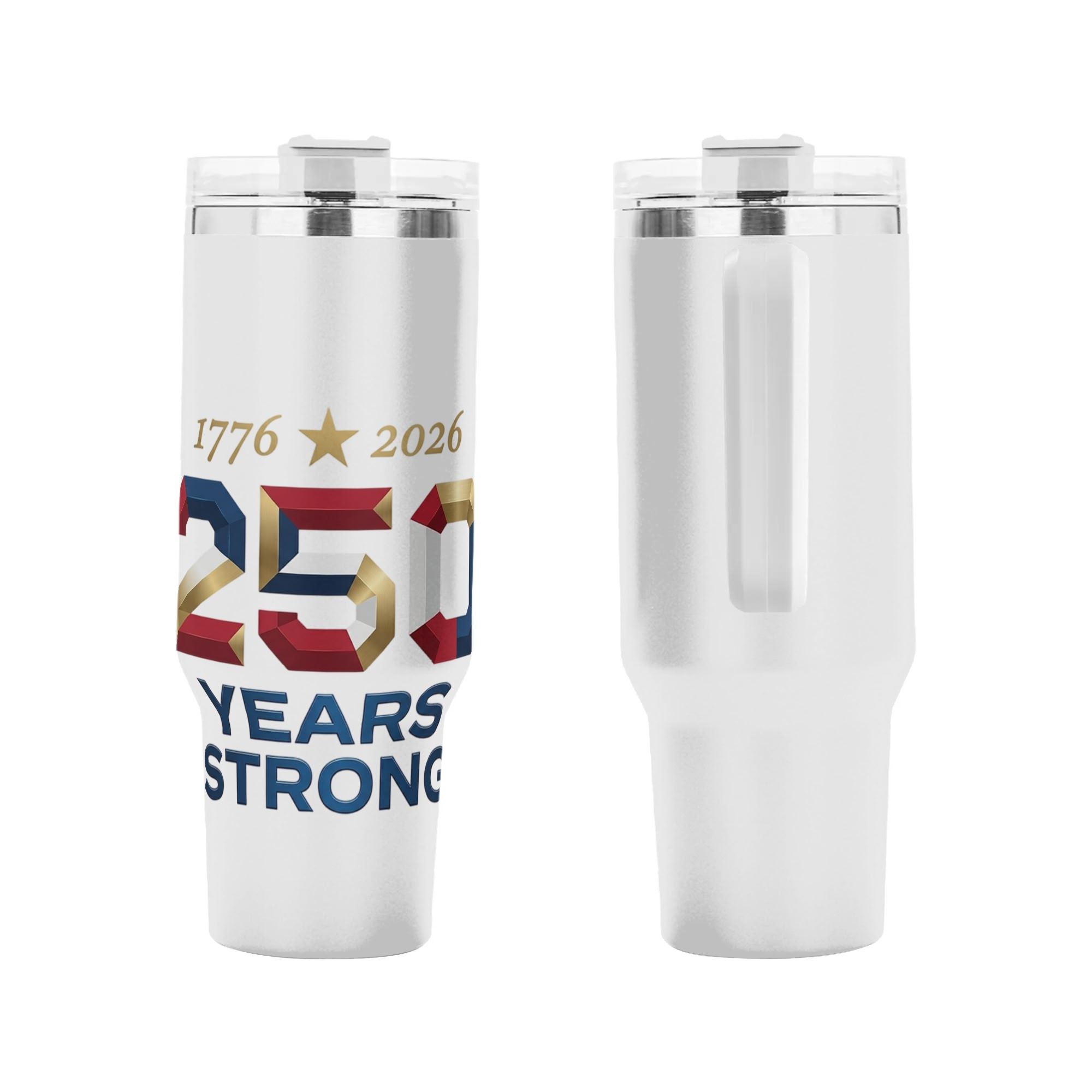 Dual side close-up shot of full circular commemorative print, clean premium USA 250 anniversary 3D numeral design covering whole tumbler body