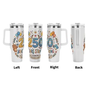 USA 250th semiquincentennial cartoon celebration tumbler four side view left front right back, pastel bear bird balloon full wrap doodle print large insulated cup with grip handle