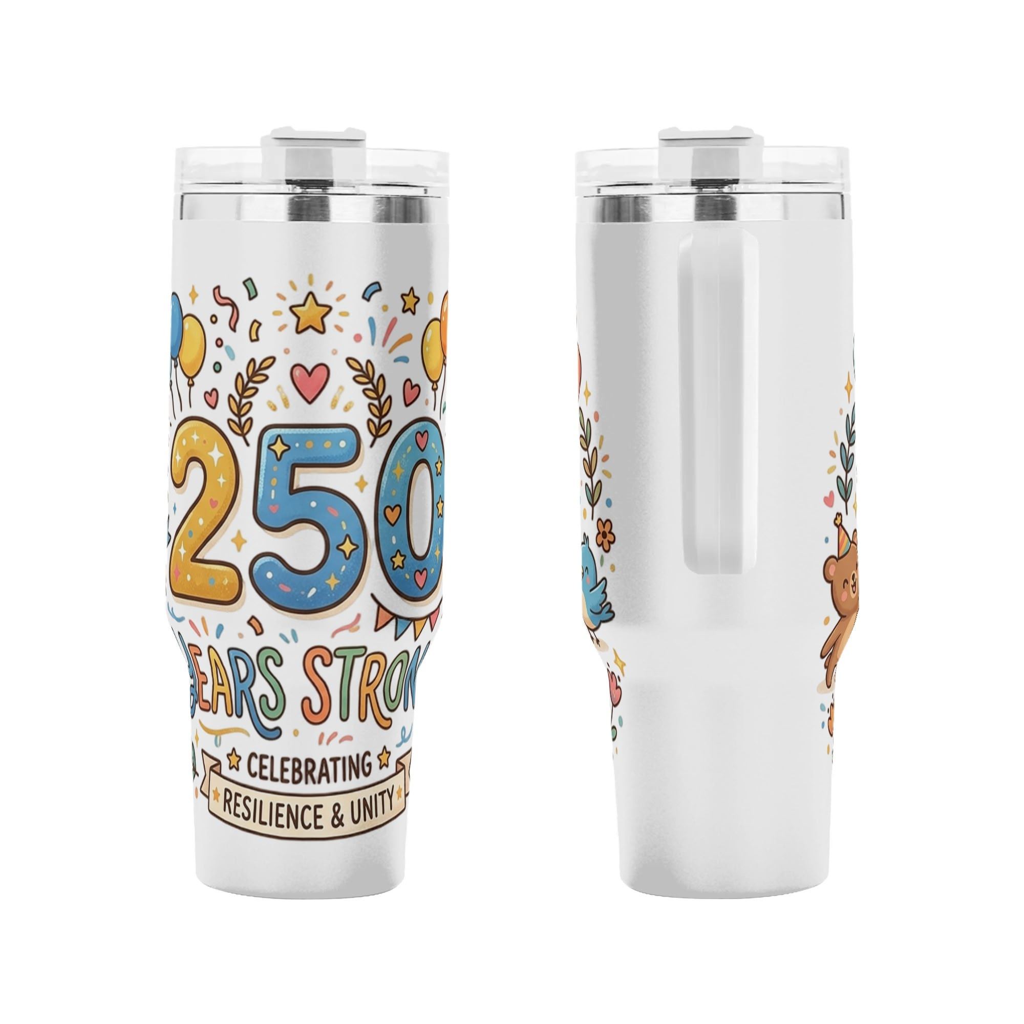 Front and back shot of America 250 founding anniversary commemorative tumbler, whimsical pastel party doodle "250 Years Strong Resilience & Unity" printed stainless steel travel mug with handle