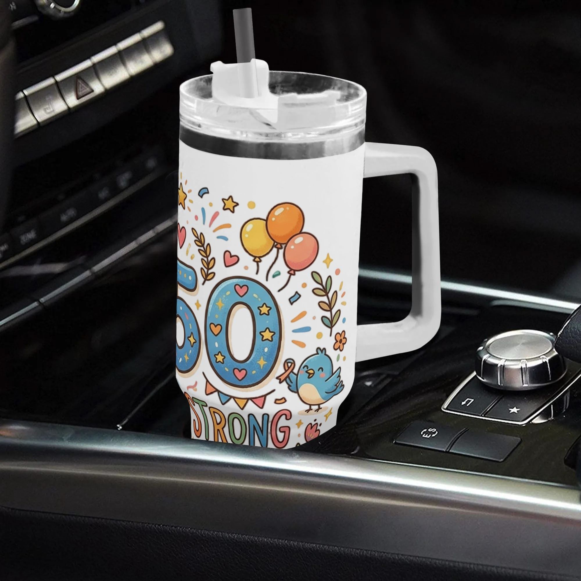 40oz USA 250th semiquincentennial patriotic tumbler with handle placed in car center console, cute cartoon bear bird balloon 250 Years Strong doodle celebration print insulated stainless steel travel mug