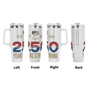 USA 250th semiquincentennial Liberty Bell tumbler four side view left front right back, retro textured 250 number patriotic full wrap print large insulated cup with grip handle