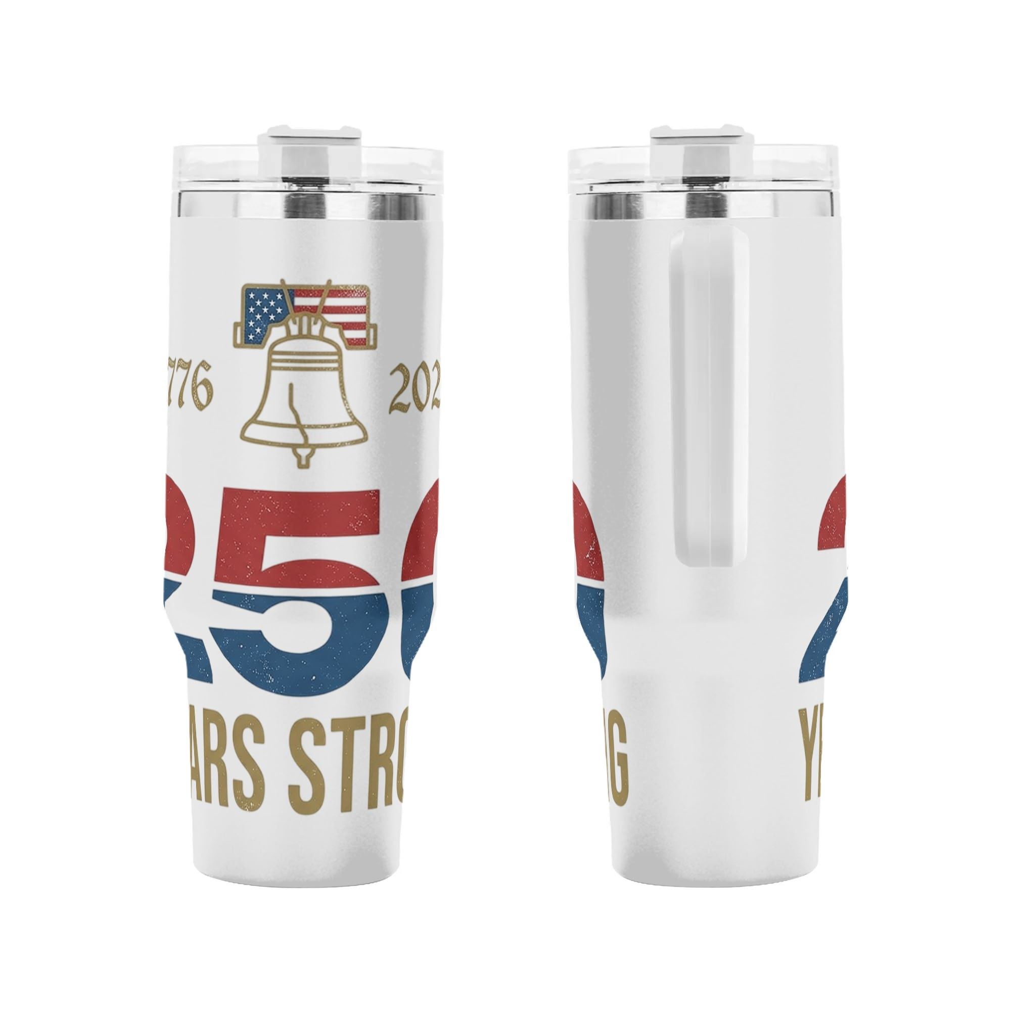 Front and back shot of America 250 founding anniversary commemorative tumbler, vintage distressed Liberty Bell USA flag "1776 2026 250 Years Strong" printed stainless steel travel mug with handle