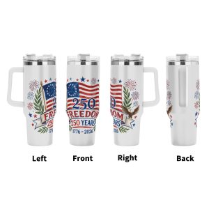 USA 250th anniversary tumbler four-side display, watercolor flag eagle fireworks full wrap patriotic print large insulated cup with grip handle