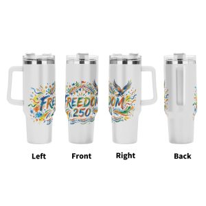 Freedom 250 watercolor eagle tumbler four-side display, vibrant splash patriotic full wrap print large insulated cup with ergonomic grip handle