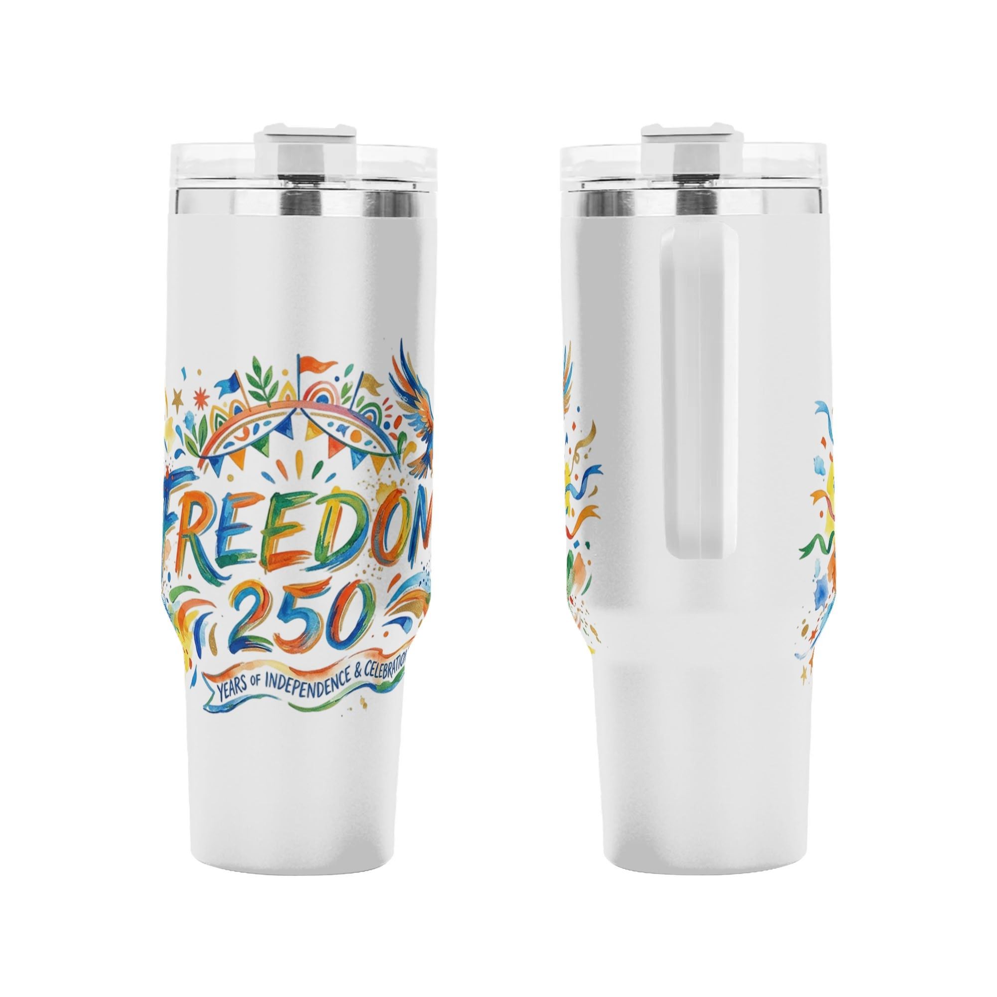 Front and back view of 1776-2026 semiquincentennial tumbler, bright watercolor bald eagle confetti "Freedom 250 Years Of Independence" printed stainless steel travel mug with handle