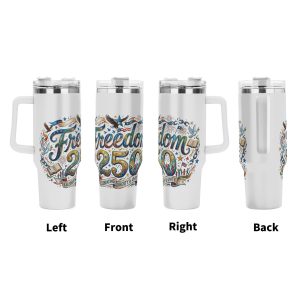 Four views of Freedom 250 full wrap printed tumbler