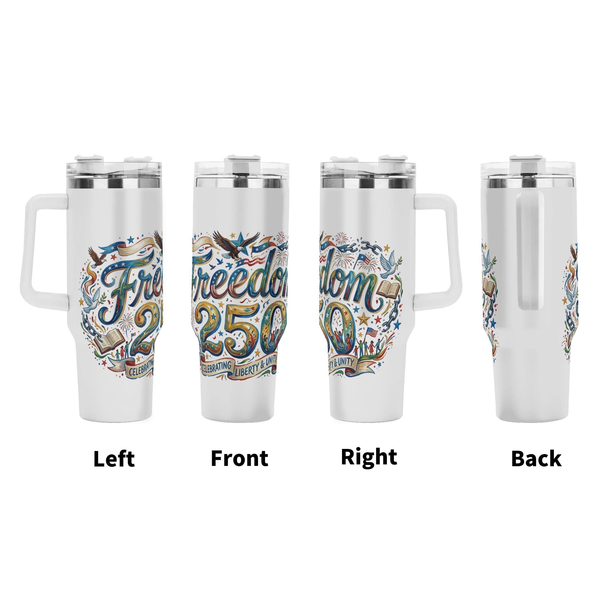 Four views of Freedom 250 full wrap printed tumbler