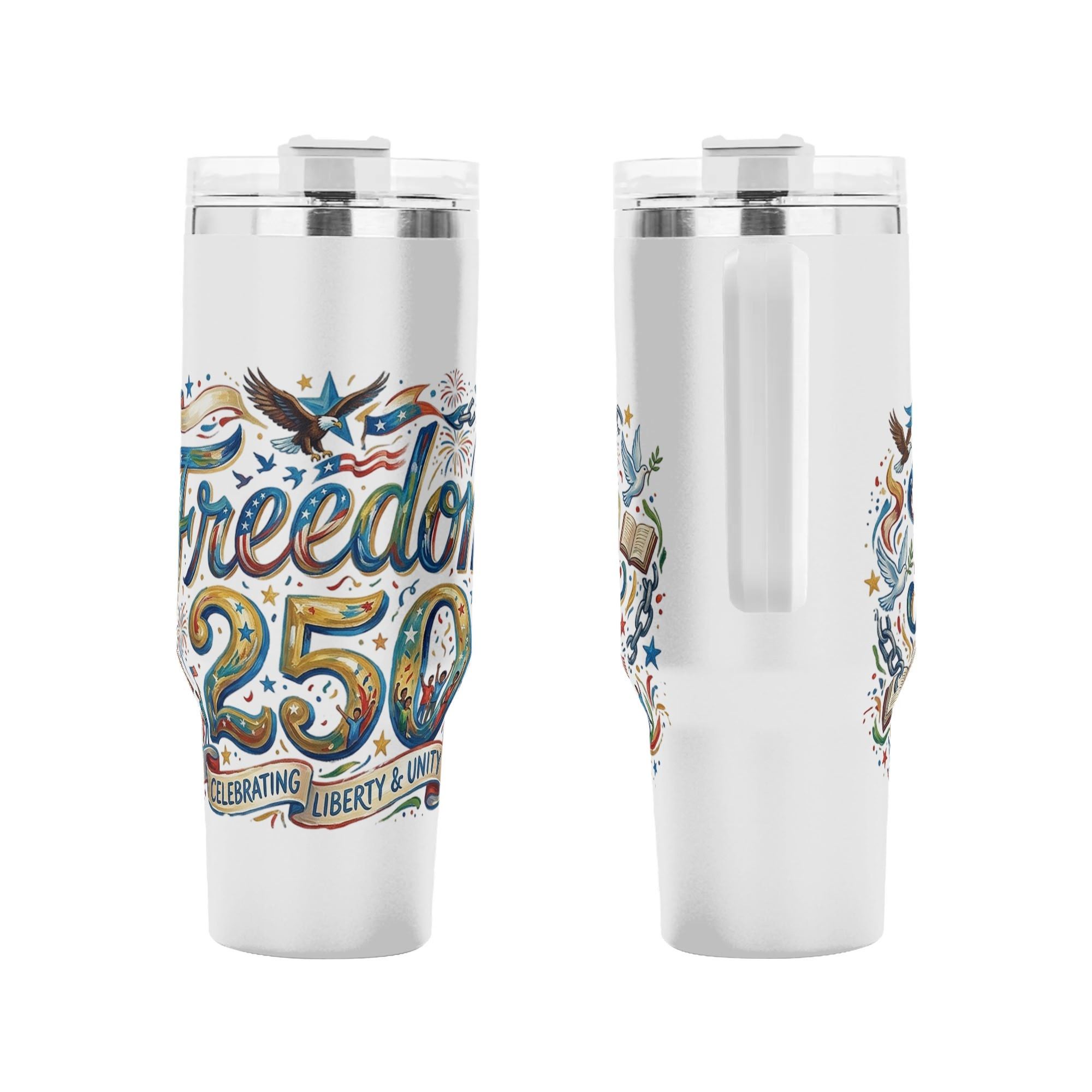 Front and back render of Freedom 250 eagle dove design tumbler