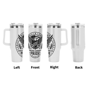 Left front right back full wrap views of minimalist monochrome bald eagle American Pride patriotic stainless tumbler