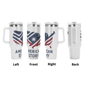 America Story patriotic tumbler four-side view left front right back, full wrap US map flag minimalist print large insulated cup with ergonomic handle