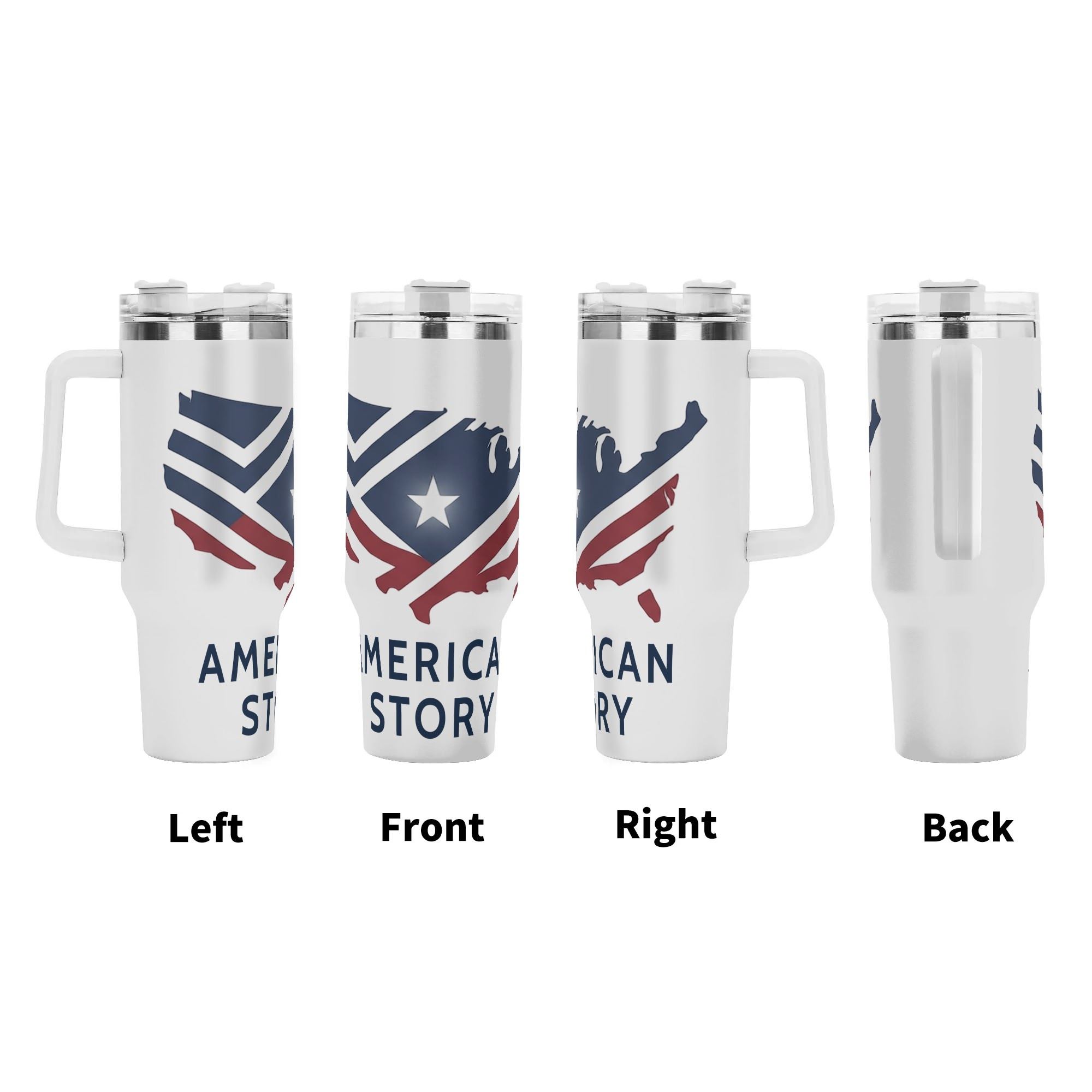 America Story patriotic tumbler four-side view left front right back, full wrap US map flag minimalist print large insulated cup with ergonomic handle