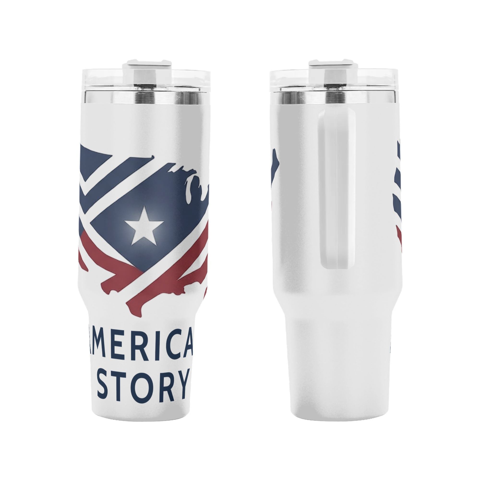 Front and back shot of USA 250 anniversary commemorative tumbler, simple US outline star stripe flag "America Story" printed stainless steel travel mug with handle
