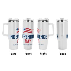 Independence Day flag tumbler four-side display left front right back view, red star waving stripes print patriotic 4th July cup