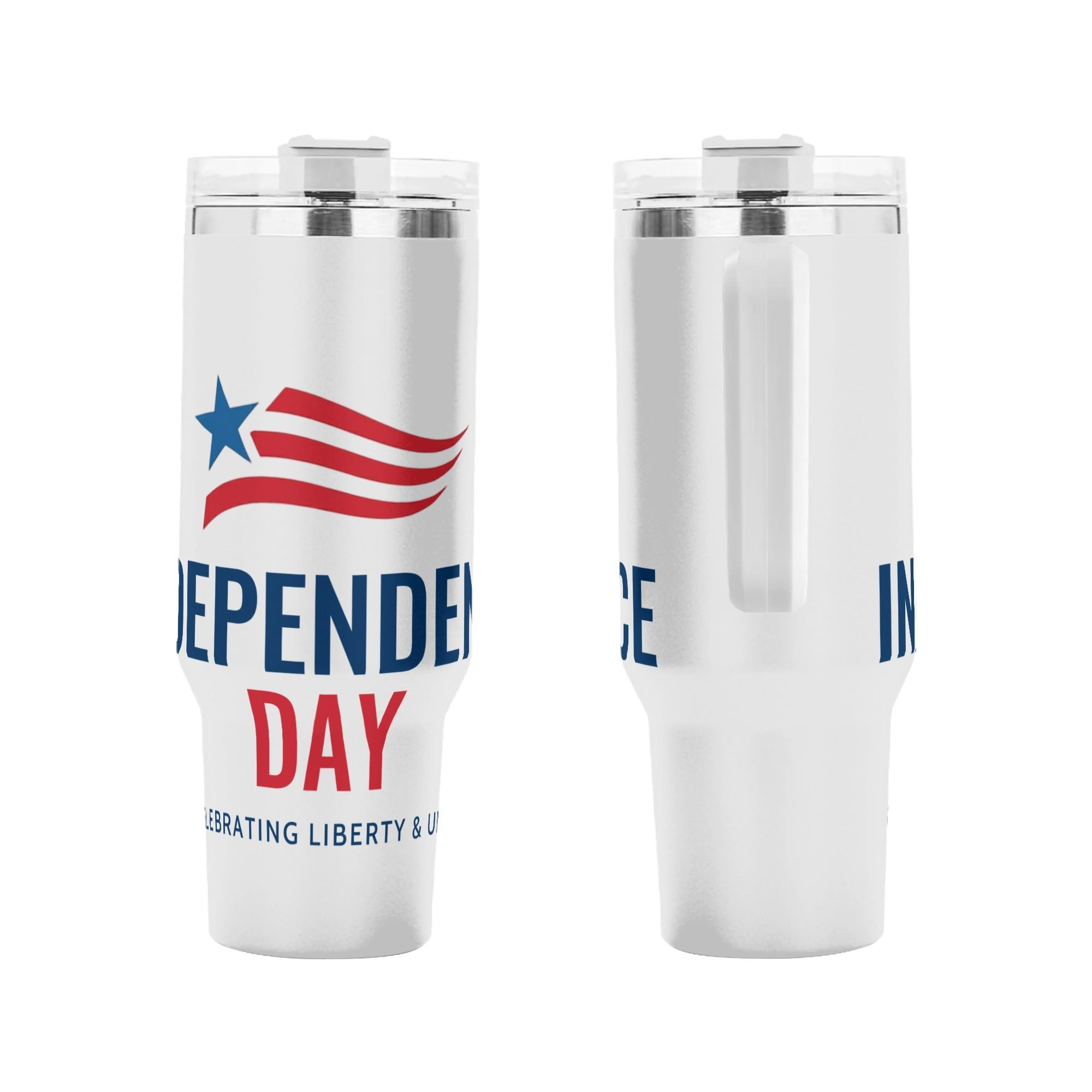 Front and back side shot of USA liberty themed insulated mug, bold Independence Day letter print stainless steel travel tumbler with grip handle