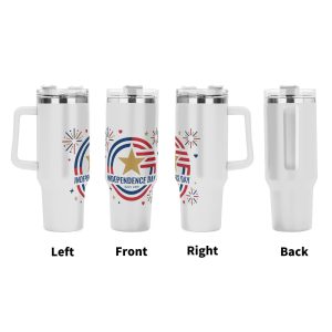 4th of July Independence Day tumbler four side view left front right back, full wrap star firework circular flag patriotic print large insulated cup with grip handle