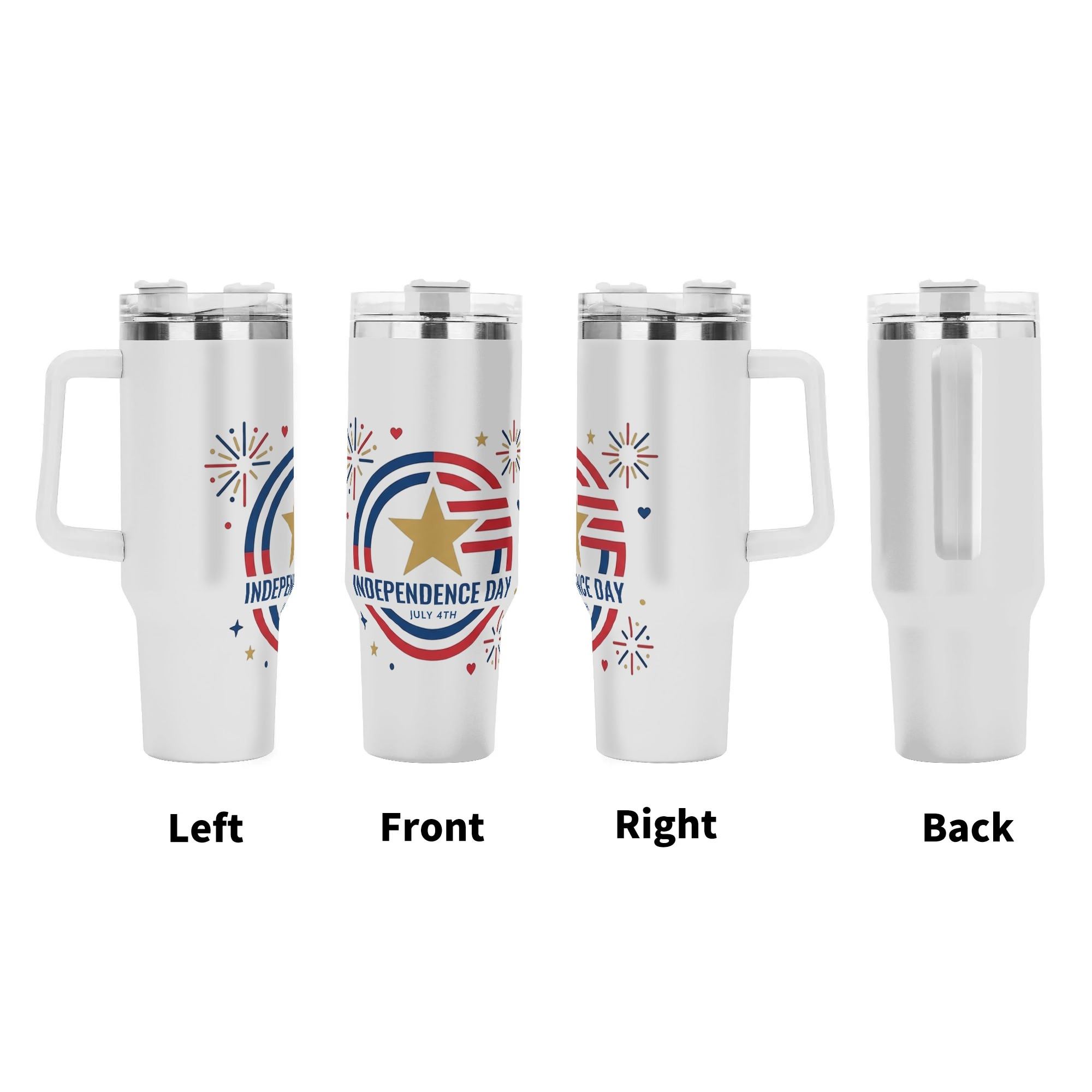4th of July Independence Day tumbler four side view left front right back, full wrap star firework circular flag patriotic print large insulated cup with grip handle