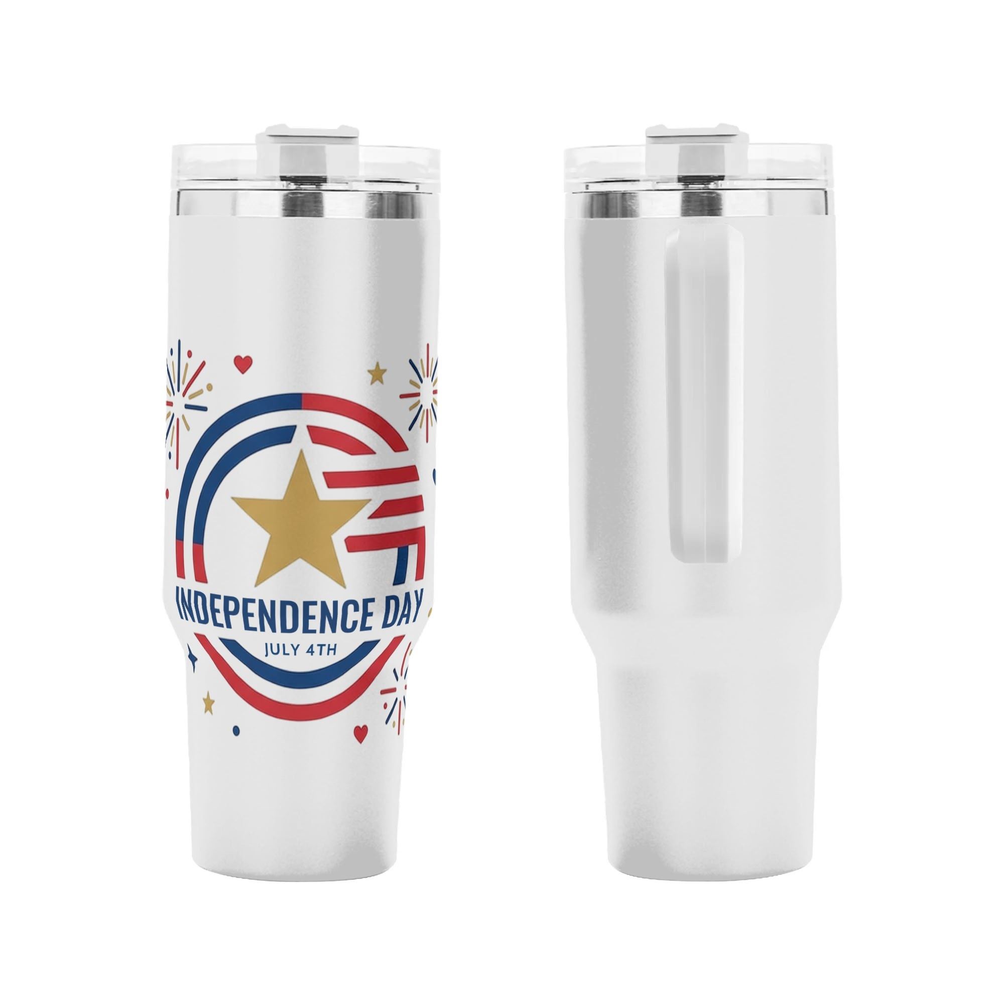Front and back shot of July 4th commemorative tumbler, simple star fireworks circle USA flag "Independence Day July 4th" printed stainless steel travel mug with handle