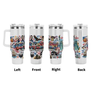 American history graffiti tumbler four-side display, full wrap US landmark patriotic print large insulated cup with ergonomic handle