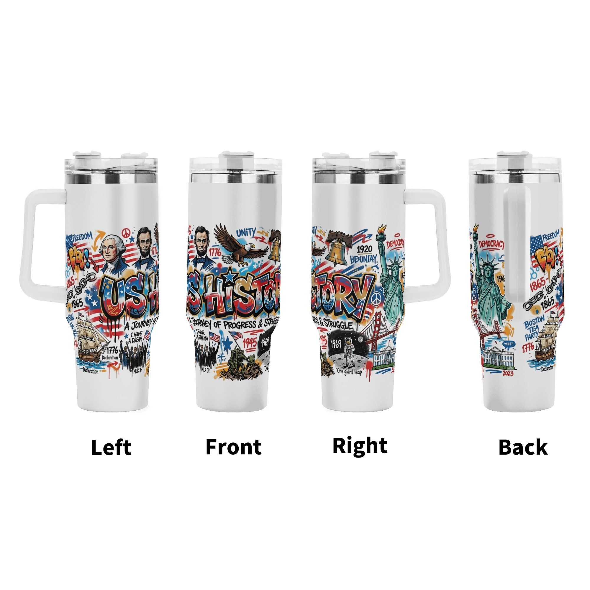 American history graffiti tumbler four-side display, full wrap US landmark patriotic print large insulated cup with ergonomic handle
