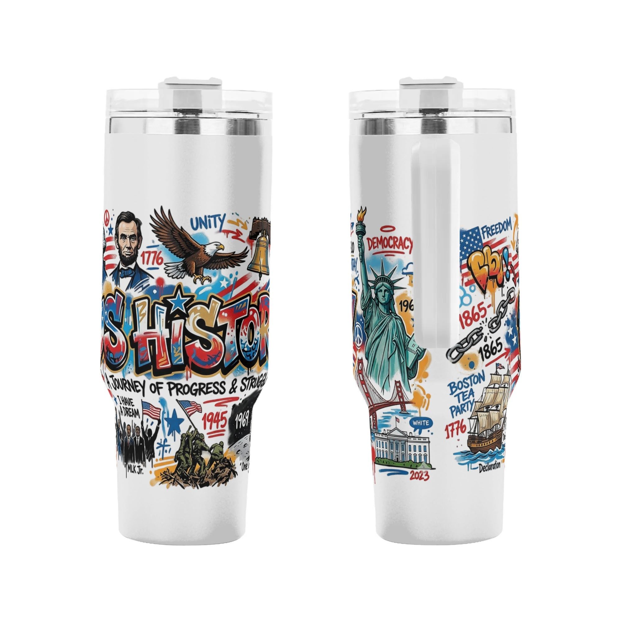 Front and back view of 1776-2026 semiquincentennial tumbler, graffiti Statue of Liberty Liberty Bald Eagle US history icon printed stainless steel travel mug with handle