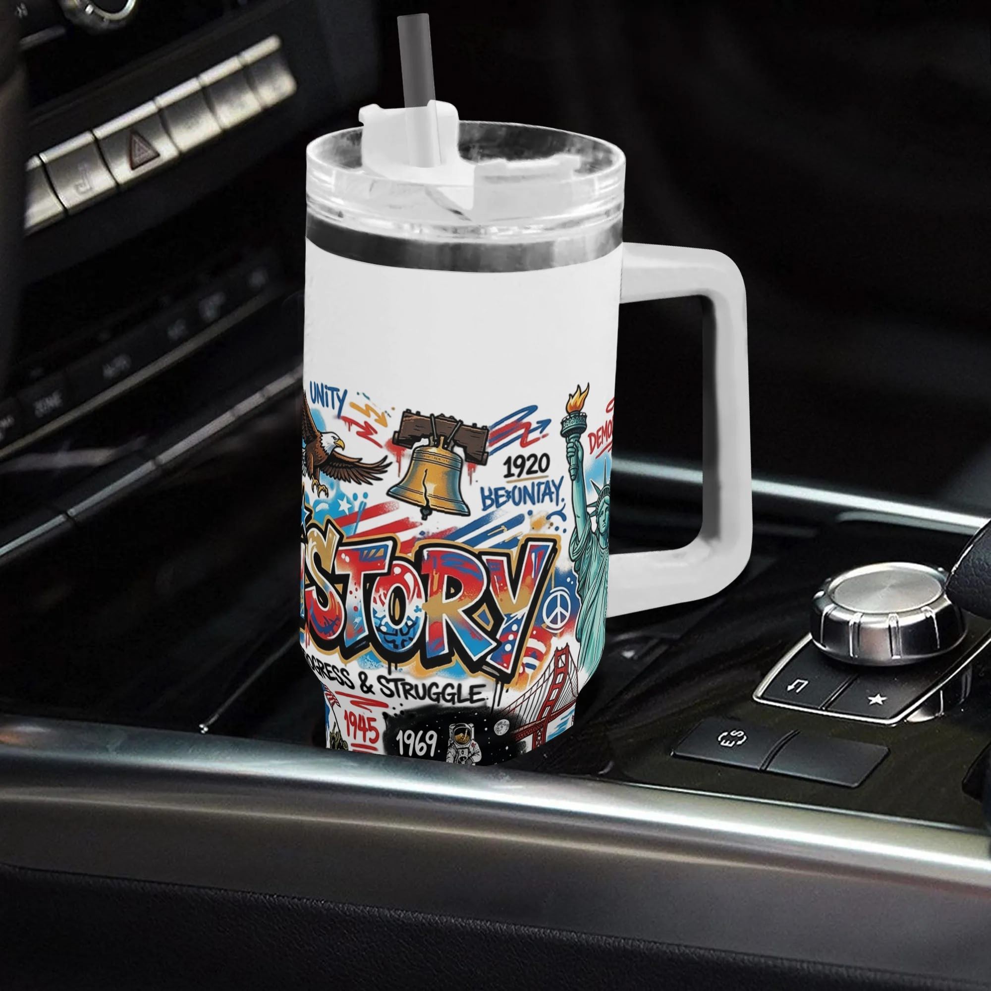 40oz USA 250th semiquincentennial tumbler with handle in car gear console, full wrap graffiti US historical landmark insulated stainless steel travel mug