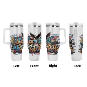 US History graffiti tumbler four-view display, full wrap patriotic landmark historical figure splash print large insulated cup with ergonomic grip handle