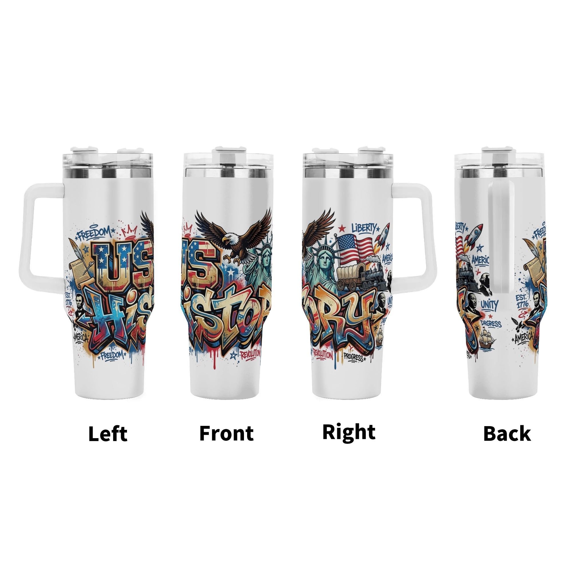 US History graffiti tumbler four-view display, full wrap patriotic landmark historical figure splash print large insulated cup with ergonomic grip handle