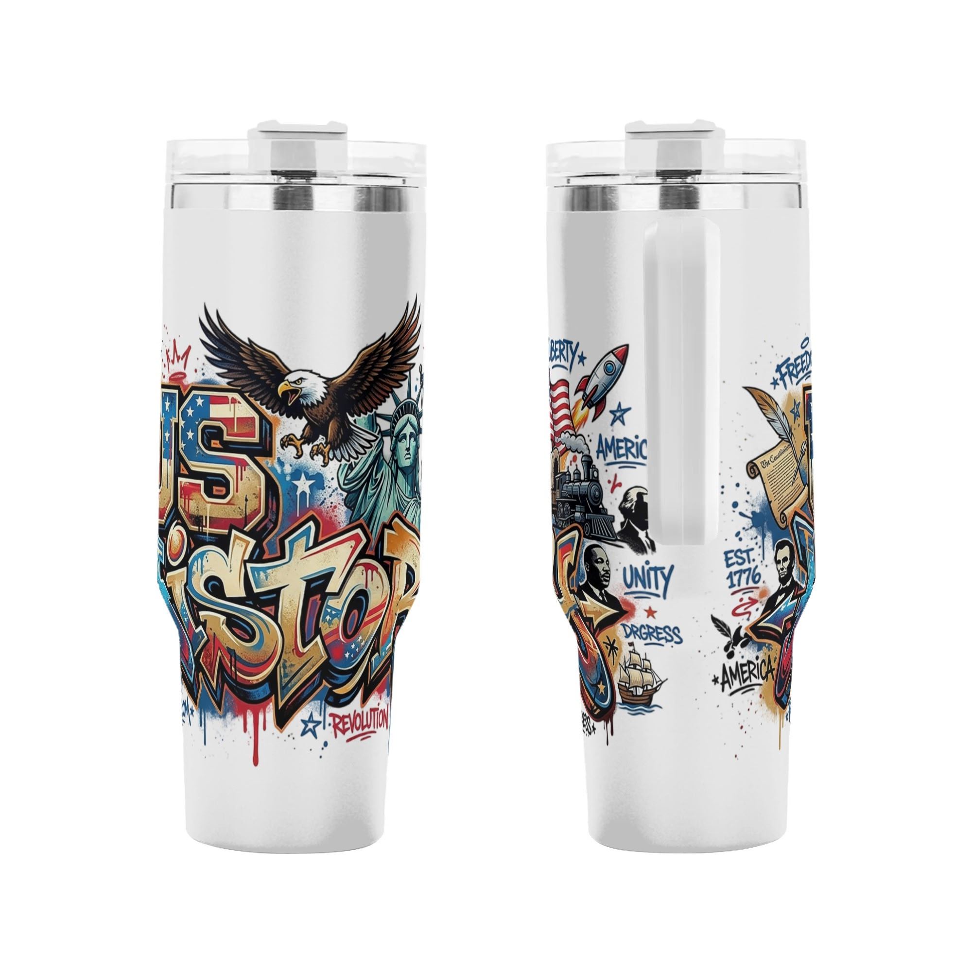 ront and back shot of 1776-2026 semiquincentennial tumbler, vibrant street art bald eagle Statue of Liberty US history icon printed stainless steel travel mug with side handle