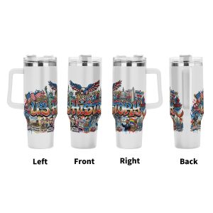 USA 250th semiquincentennial US history graffiti tumbler four side view left front right back, drip street art eagle landmark historical milestone full wrap print large insulated cup with grip handle