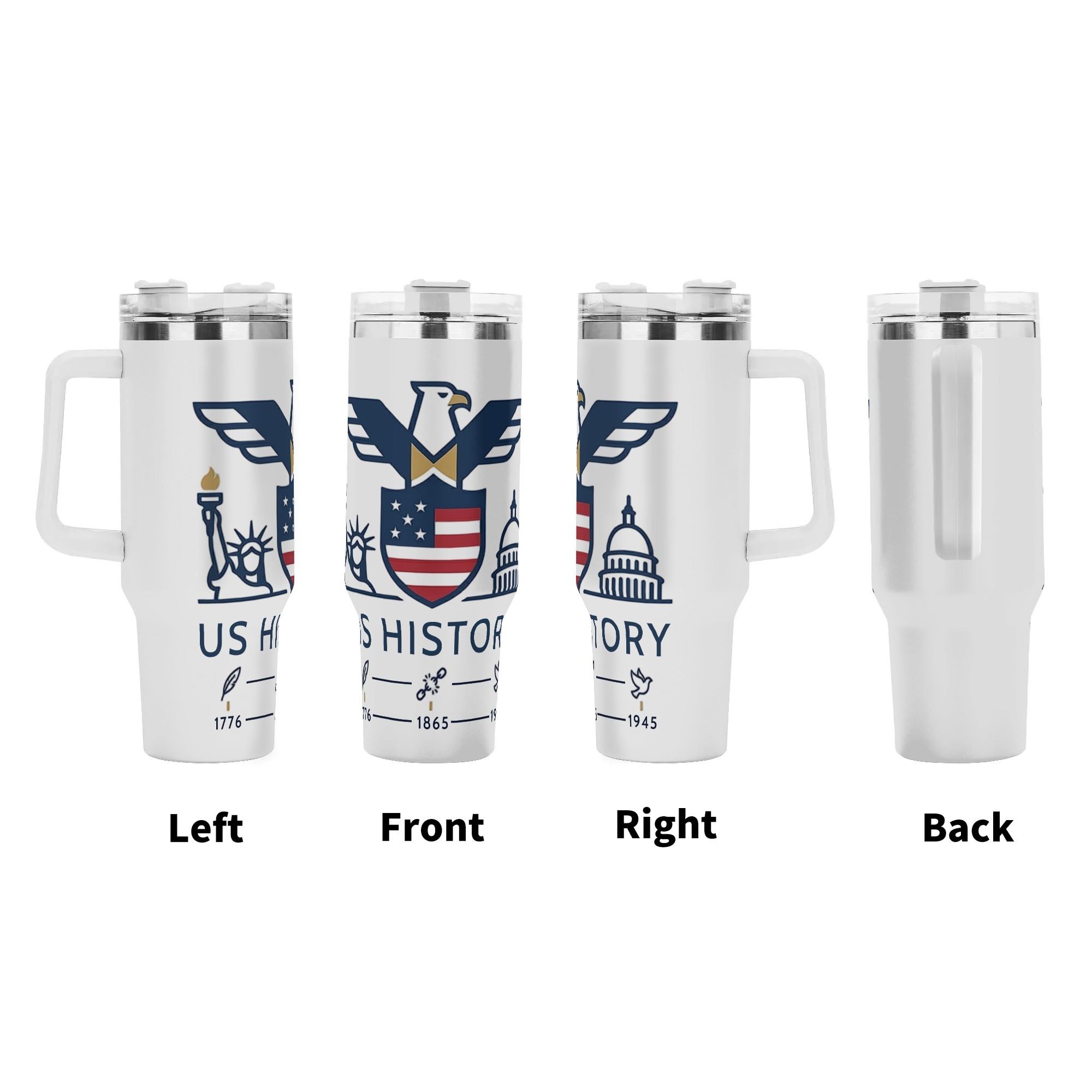 Minimal US History eagle timeline tumbler four-view showcase, full wrap clean line art patriotic landmark print large insulated cup with ergonomic grip handle