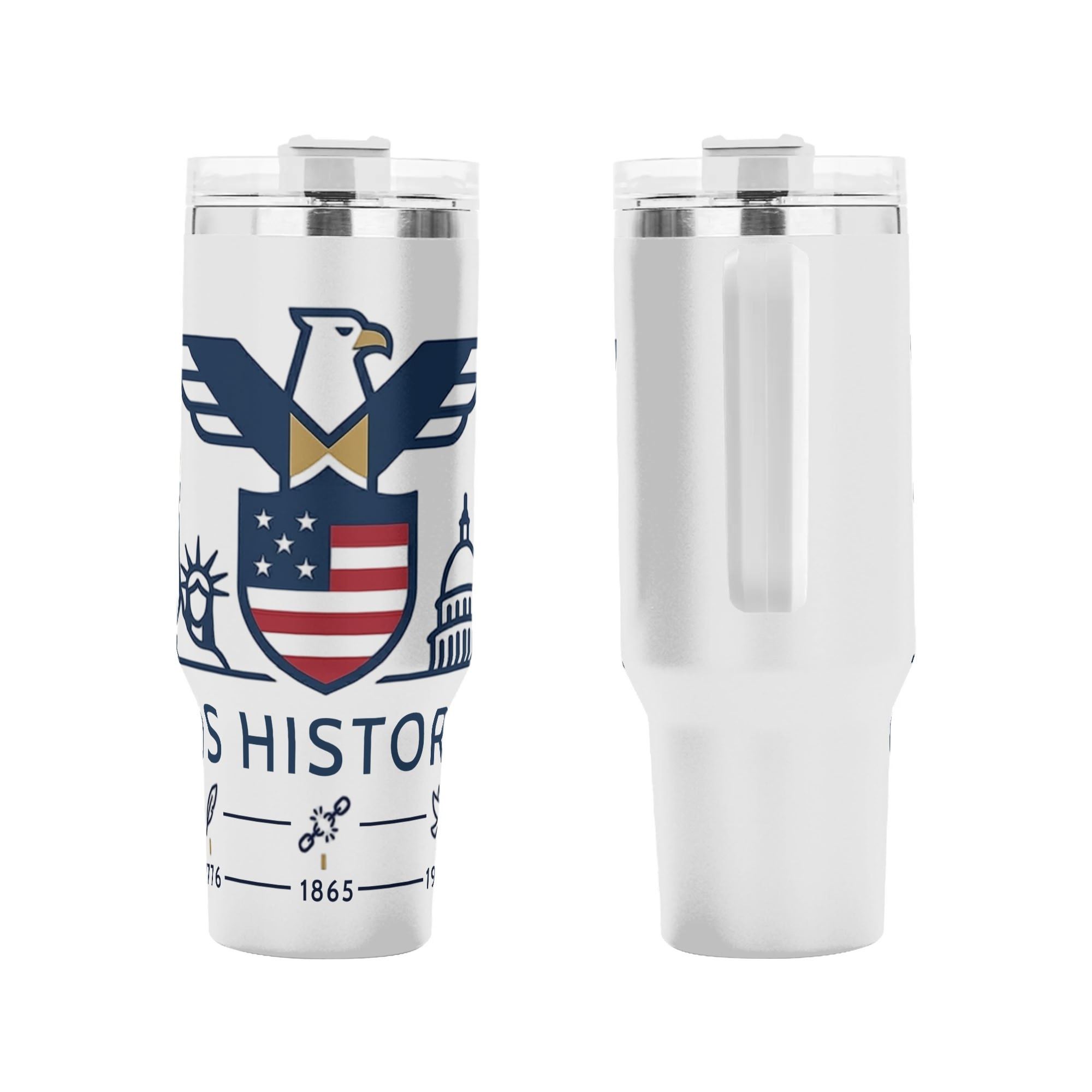 Front and back shot of 1776-2026 semiquincentennial tumbler, simple line bald eagle shield US historical landmark timeline printed stainless steel travel mug with side handle