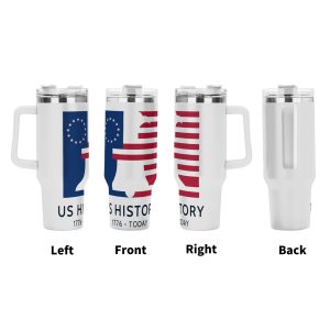 Left front right back full wrap views of vintage Betsy Ross flag liberty bell patriotic stainless tumbler marked US History 1776-Today