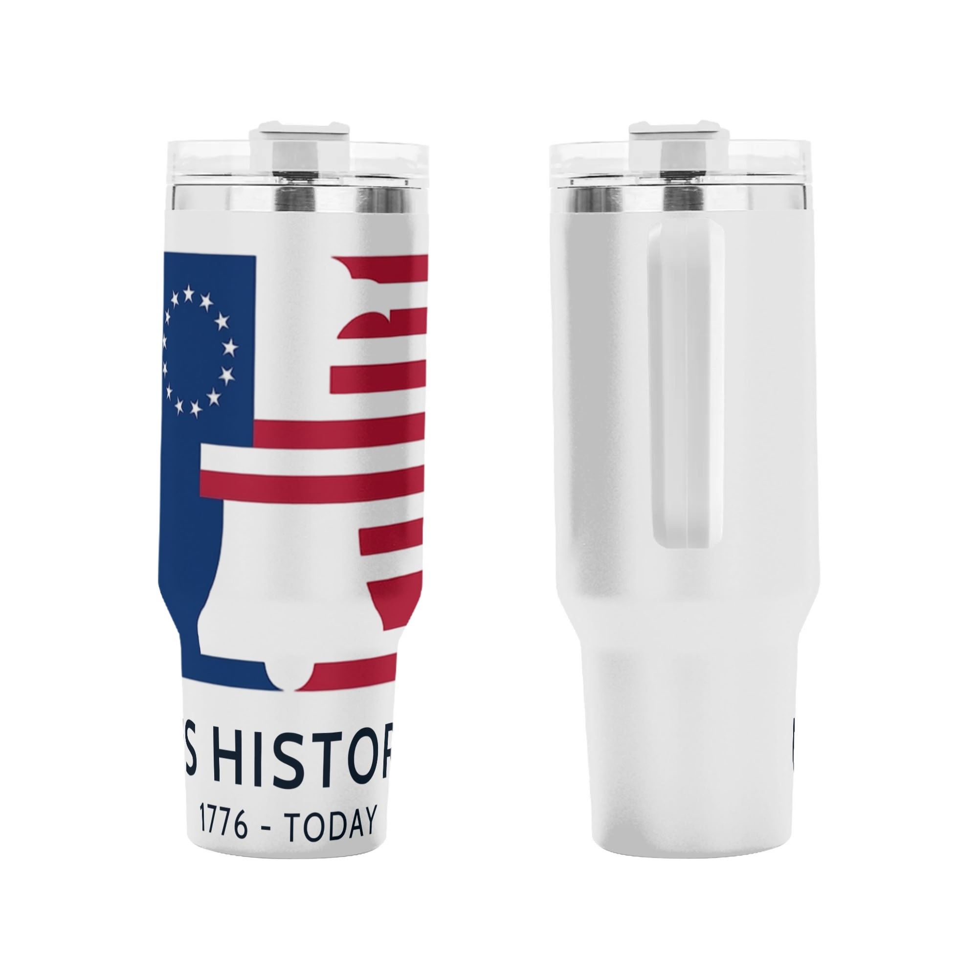 Close-up of full print Betsy Ross 13-star flag liberty bell insulated tumbler for USA 250 bicentennial