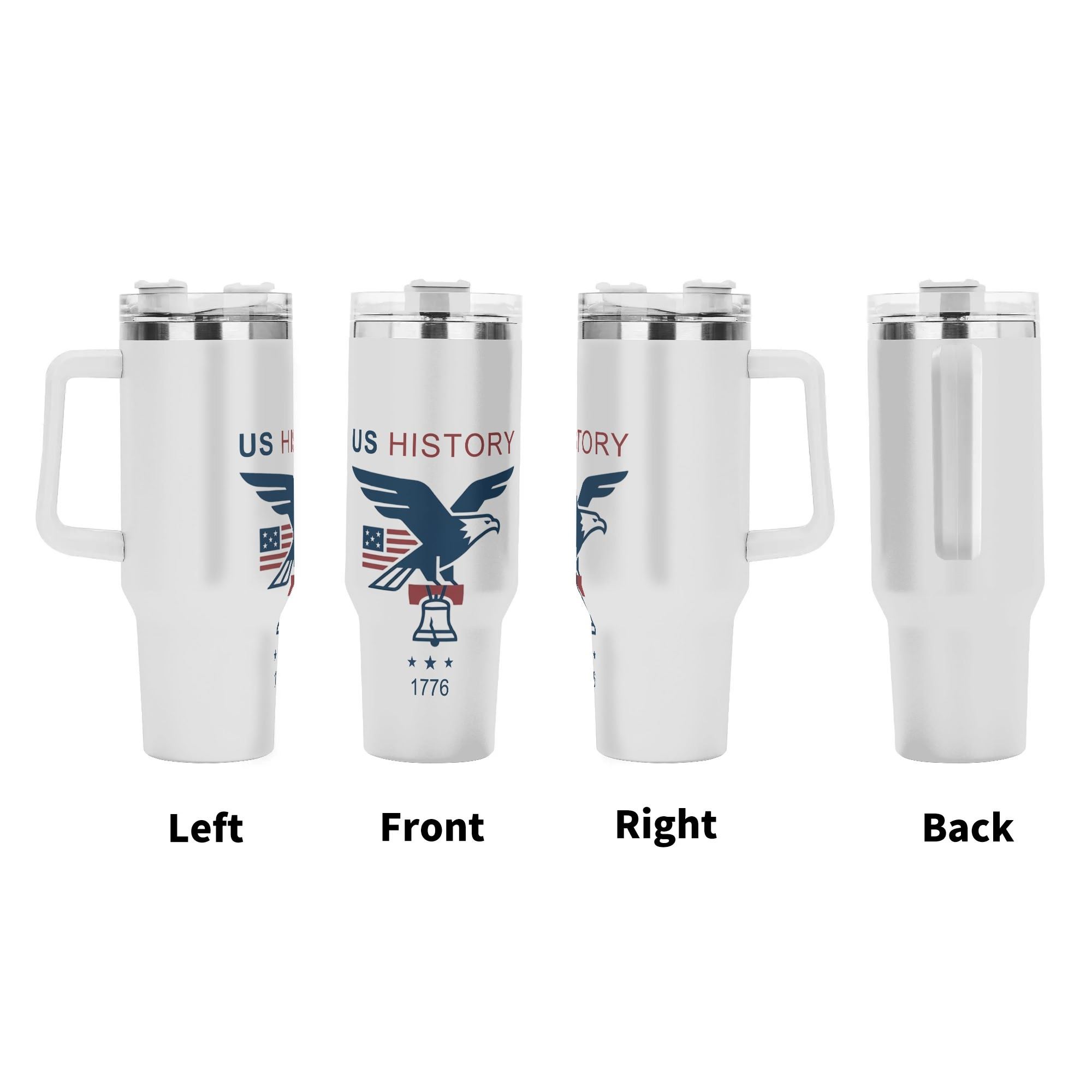Front left right back views of US History eagle full wrap tumbler