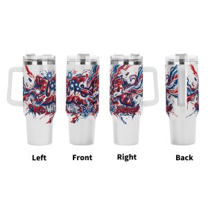 Red White Blue Energy graffiti USA tumbler four side view display, full wrap street art patriotic splash print large insulated cup with ergonomic grip handle