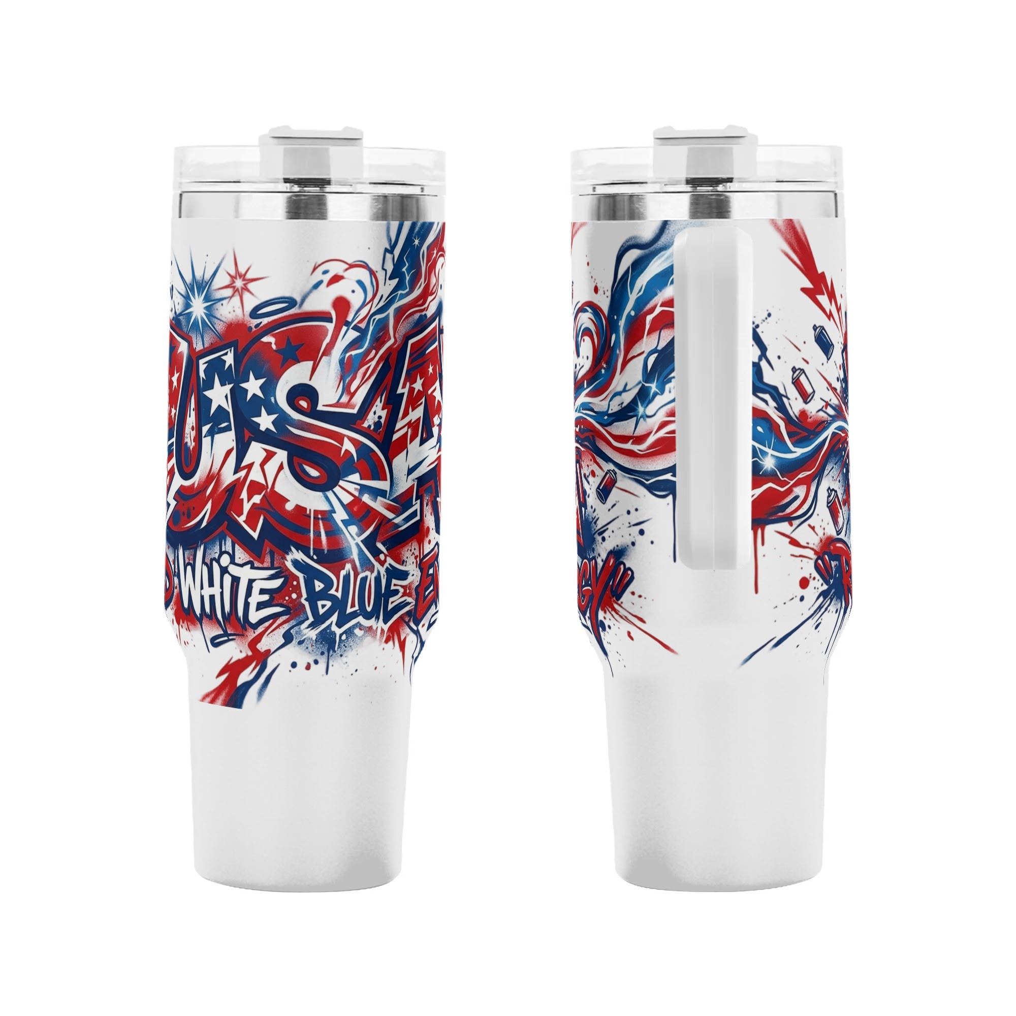Front and back shot of 1776-2026 semiquincentennial tumbler, bold spray paint star stripe USA graffiti printed stainless steel travel mug with side handle