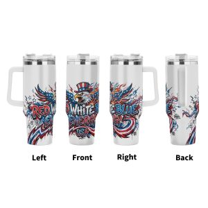 Red White Blue Energy Uncle Sam eagle graffiti tumbler four-view showcase, full wrap flame lightning splash patriotic print large insulated cup with ergonomic grip handle