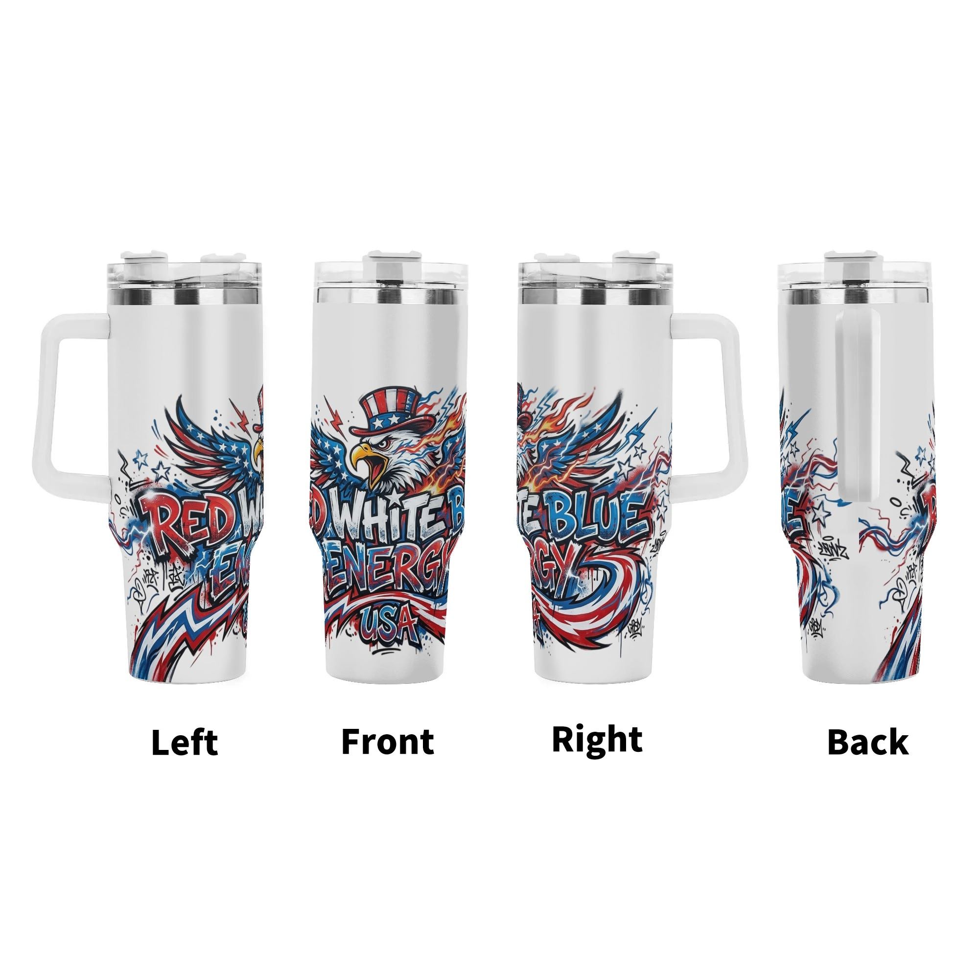 Red White Blue Energy Uncle Sam eagle graffiti tumbler four-view showcase, full wrap flame lightning splash patriotic print large insulated cup with ergonomic grip handle