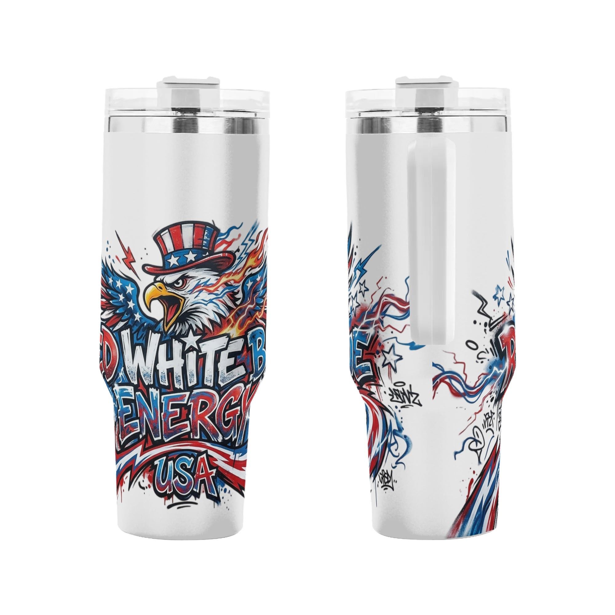 Front and back shot of 1776-2026 semiquincentennial tumbler, bold street art Uncle Sam bald eagle Red White Blue slogan printed stainless steel travel mug with side handle
