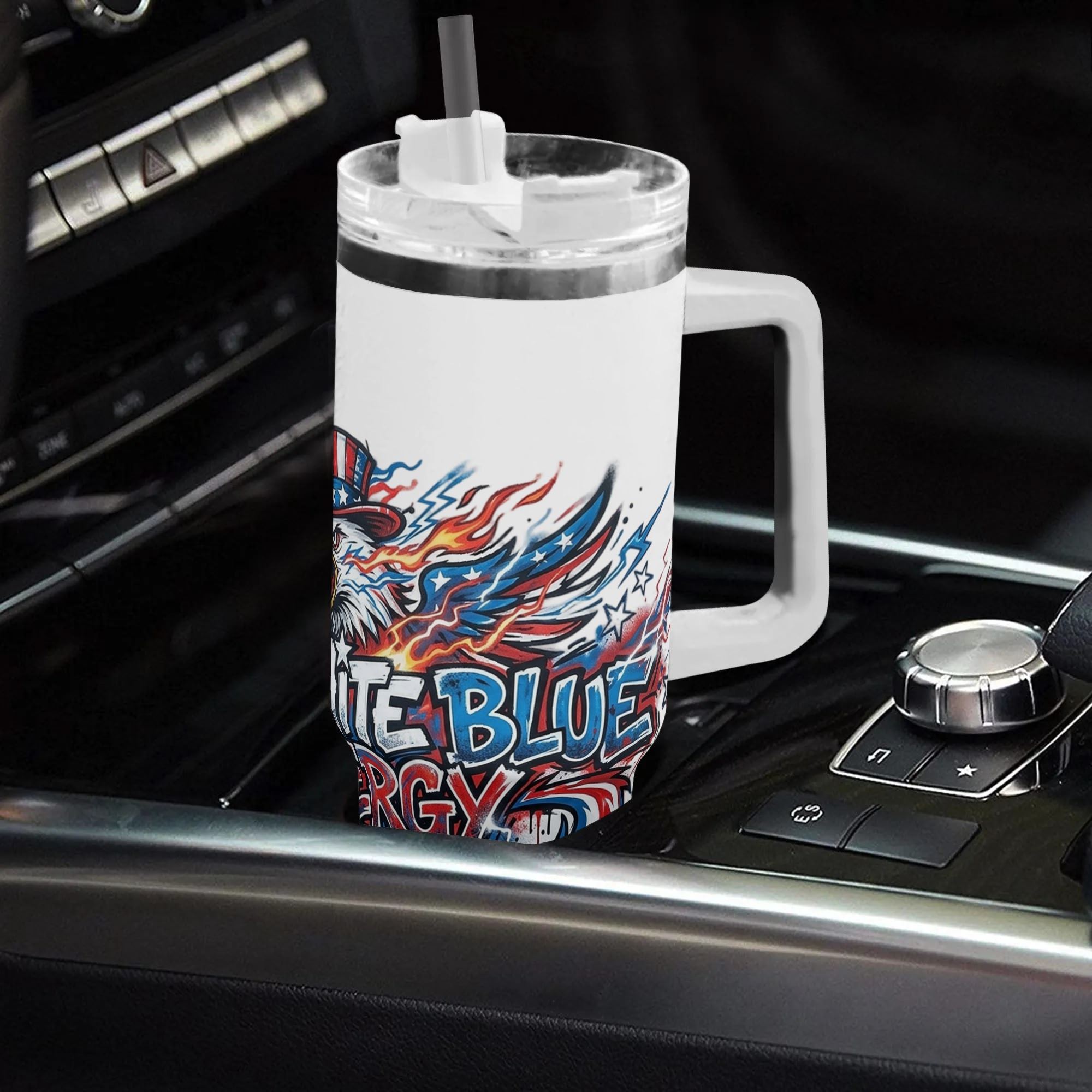 40oz USA 250th semiquincentennial tumbler with handle placed in car gear console, full wrap street graffiti Uncle Sam bald eagle Red White Blue Energy insulated stainless steel travel mug