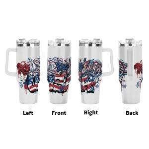 USA 250th anniversary graffiti tumbler four side view left front right back, dripping American flag street art print large insulated cup with grip handle