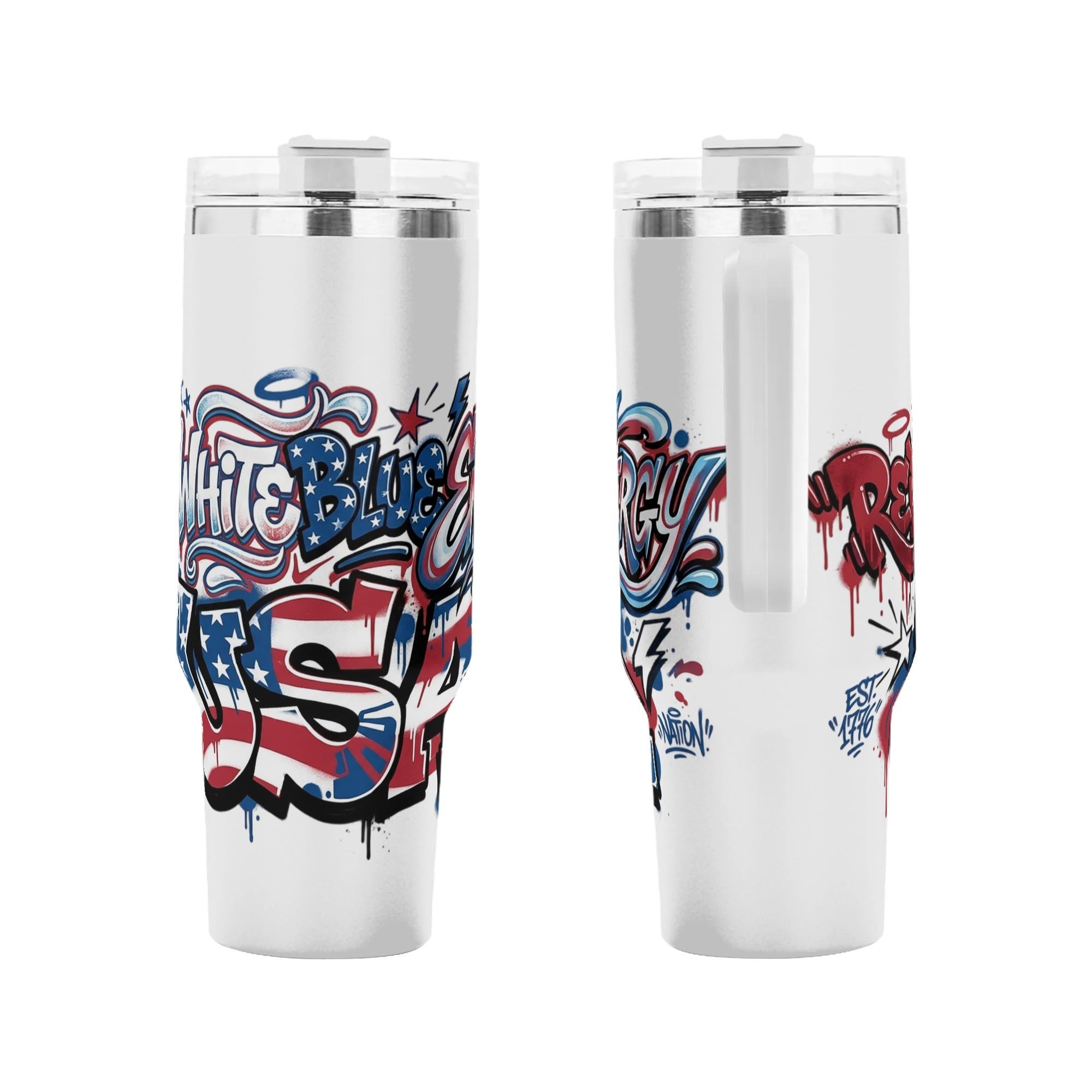 Front and back shot of America 250 birthday patriotic tumbler, bold red white blue graffiti USA letter print stainless steel travel mug with handle