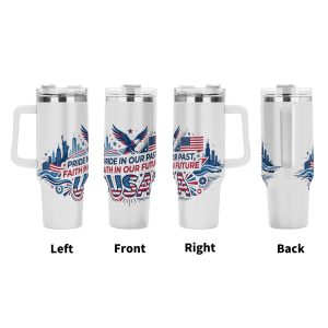 Past & Future eagle skyline patriotic tumbler four-view display, full wrap clean line US landmark print large insulated cup with ergonomic grip handle