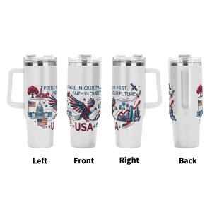Pride In Our Past Faith In Our Future eagle tumbler four-side view display, full wrap US landmark rocket patriotic print large insulated cup with ergonomic grip handle